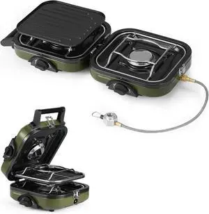 2 Burner Folding Camping Stove with Griddle, Portable Camp Isobutane Gas Stove with 16000 BTU Adjustable Burners & Piezo Ignition