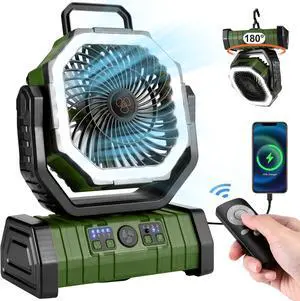30000mAh Camping Fan with LED Lantern, Rechargeable Battery Operated Oscillating with Remote Hook Stroage Bag, Portable Tent Fan with Timer, 4 Speeds for Outdoor RV Jobsite Power Outage, Green