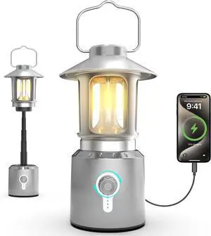 Rechargeable Camping Lantern 8000mAh, Telescoping Lighting Camping Light, 3 Light Modes Hanging Vintage Lantern, Portable Waterproof Tent Light for Hiking, Power Outages, Emergency (Silver)