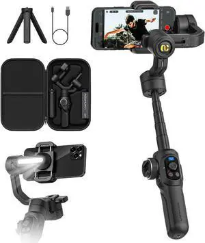 Professional Gimbal Stabilizer for Smartphone,Built-in 18CM Extension Rod and Powerful Fill Light,360°Inception,Face&Object Tracking Stabilizer,3-Axis iPhone& Android-Smart S2