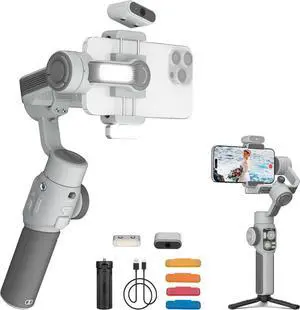 CINEPEER Smooth 5E Combo Gimbal Stabilizer for iPhone, Android, Built-in Fill Light, Tripod, 3-Axis 300g Payload Phone Gimbal, Gesture Control, Vlogging Stabilizer for YouTube, TikTok