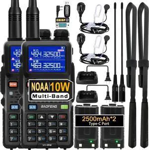 UV-5RM 10W Ham Handheld Radio Long Range with Tactical Antenna, Portable Two Way Walkie Talkies for Adults 5RM Multi-Band Radio with Air Duct Earpiece & 2500mAh Type-C Battery, 2 Pack
