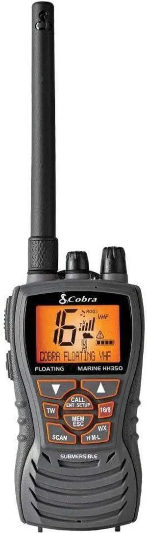 MR HH350 FLT Handheld Floating VHF Marine Radio - 6 Watt, Submersible, Noise Cancelling Mic, Backlit LCD Display, NOAA Weather, and Memory Scan, Grey