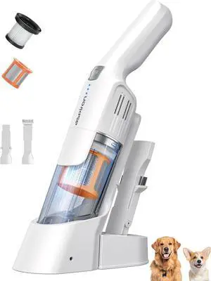 Cordless Handheld Vacuum, 24KPA Powerful Car Vacuum, Rechargeable, Charging Dock, Ergonomic Handle, 2-in-1 Crevice Tool, 1.8lb Portable Vacuum Cleaner with 2-Speed for Car, Home, White