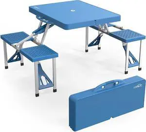 4 Ft Camping Picnic Table Set with 4 Seats with Umbrella Hole Folding Lightweight Suitcase Card Table-220 Lbs Support Aluminum Frame, Plastic RV Tabletop for Barbecue,Travel,Outing,Gathering