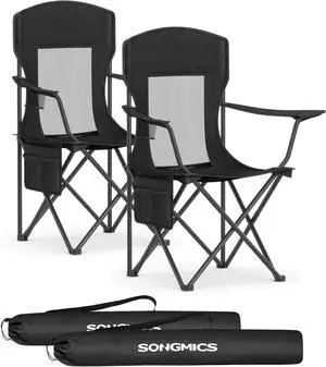 Breathable Camping Chairs, Foldable Outdoor Chairs Set of 2, High Back, Adjustable Armrests, Drink Holder, Weight Capacity 330 lb, for Sports Garden Backyard, Ink Black UGCB028B02