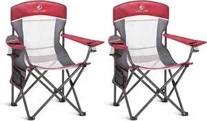 2PC Oversized Mesh Back Camping Folding Chair Heavy Duty Support 350 LBS Collapsible Steel Frame Quad Chair Padded Arm Chair with Cup Holder Portable for Outdoor (Red-2PC)