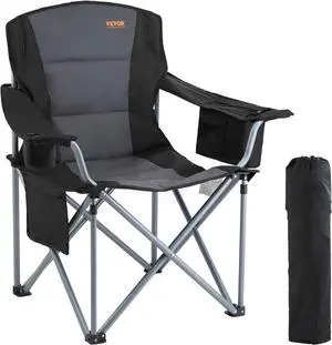 Camping Folding Chair, Portable Heavy Duty Outdoor Quad Lumbar Back Padded with Side Pockets, Cup Holder and Cooler Bag for Beach, Lawn, Picnic, Fishing, Backpacking, Black