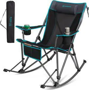 Rocking Camping Chair, High Mesh Back Portable Folding Camp Chairs with Pillows, Cup Holder and Carry Bag for Lawn Patio Garden Outdoor Supports 300 Lbs (Black/Blue)