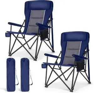 Oversized Camping Chairs 29.52" High Back Heavy Duty Lawn Chair Support 500LBS, Portable Collapsible Chair with Cup Holder, Side Pocket,2 Pack(Blue)