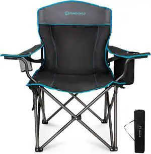 Oversized Camping Chair for Adults, Heavy Duty Foldable Portable Lawn Chair with Padded Seat & Back, 4-can Cooler & Cup Holder, Carry Bag Included for Outdoor (Black/Grey)