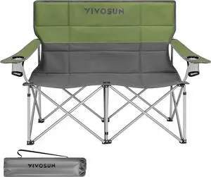 [outlets] Double Camping Chair, Fully Padded Folding Loveseat, Portable Oversized Duo Chair with Storage Cup Holders, Height-adjustable Armrests & Carry Bag, Supports up to 500lbs, Green & Grey