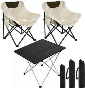 Folding Camping Chair Set of 3,Lightweight Camp Chairs with Table,Large Lawn Chair Portable for Adults Hiking,Fishing,Beach,Picnic,Patio,Travel,Carry Bag(L)