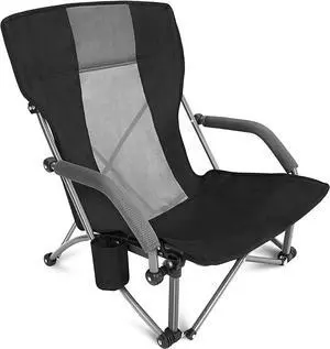 Low Sling Folding Beach Camping Chairs Compact Concert Lumbar Back Support with Carry Bag Black