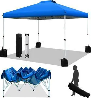 Pop up Canopy Tent 10x10ft, 1-Button Push Setup, Instant Portable Shelter, Adjustable Height, Portable Roller Bag, 4 Weight Bags, Guy Ropes & Stakes Included Blue