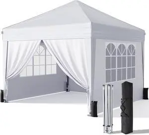 10x10 Pop Up Canopy with Sidewalls, Outdoor Instant Canopy Tent with Carry Bag for Commercial Events, Camping, Backyard Parties - White