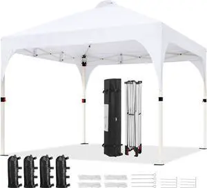 10x10 Pop Up Canopy Tent with Vent, Easy Set Up Tent, Instant Sun Shelter Canopy with Wheeled Bag, 4 Sandbags, 12 Stakes & 4 Ropes, for Parties, Beach, Outdoor, White