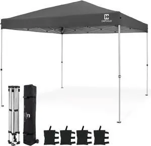 Patented One-Push Pop Up Outdoor Canopy Tent, Heavy-Duty Commercial Grade w/Central Lock, Portable and Instant Folding Shelter with Wheeled Carry Bag and Weight Bag, 10ft x 10ft, Dark Grey