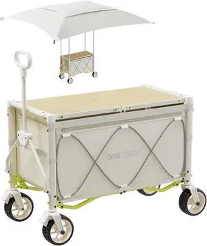 Collapsible Wagon Cart with Canopy Tent, Portable Large Capacity Foldable Wagon Cart, Heavy Duty Garden Cart with Wheels for Camping Sports Beach Backyard and Picnics, Beige