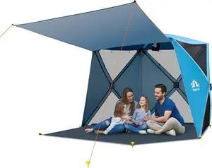 Pop-up Beach Tent: 3 4 Persons Beach Shelter with Canopy and Footprint, UPF 50+ UV Protection Backyard Camping Outdoor Canopy Poles Not Included