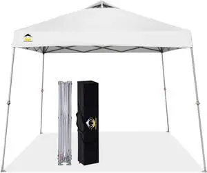 9x9 Pop Up Canopy Tent Slanted Legs for Added Stability - Beach Tent Sun Shelter for Outdoor Shades - Canopy with 11x11 Base, with Carry Bag, White