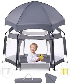Baby Playpen with Canopy, Pop up Toddler Tent, Travel/Nap, Indoor and Outdoor, Portable&Foldable, Beach Tent, Sun Protection, Double-Door, One-Touch Storage - Grey