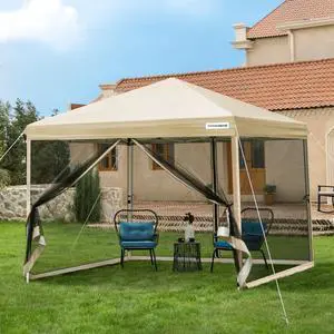 8x8ft Easy Pop-Up Canopy, Outdoor Screen Tent with Mosquito Netting, 2 Zipper Doors, and Roller Bag for Yard Camping Picnic Party Events, Beige