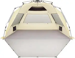 XX-Large Pop Up Beach Tent Sun Shelter for 5-6 Person Portable Sun Shade Instant Tent for Beach with Carrying Bag, Stakes, 6 Sand Pockets, Anti UV for Fishing Hiking Camping Khaki