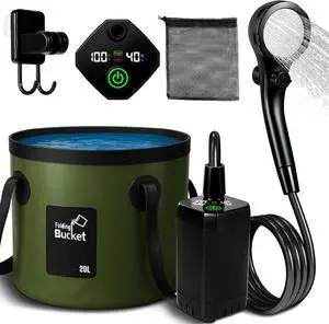 Portable Camping Shower | 5.3/6.6 gal. Foldable Bucket, 6000mAh Rechargeable Shower Pump, 6' 7" Filtered Shower Head, Summer Beach Outdoor Showering Hiking Pet Bath RV Car Wash Water Plant