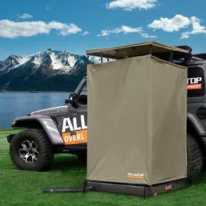 Awning Shower Room w/Foldable Floor Mat, 3.3ft x 3.3ft, Privacy Shelter Restroom w/Roof, LED Light, Drain Pipe, Carside Bathroom