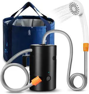 Portable Camping Shower, Built-in 4400mAh, USB Rechargeable IPX7 Waterproof Battery Shower Pump+Collapsible Bucket for Family Camp Hiking Backpacking Travel Beach Pet Flowering, Outdoor