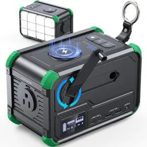 Portable Power Station 153Wh Small Solar Generator with Hand Crank 120V 150W AC Outlet Lithium Battery Power Bank, Wireless Charging Emergency Charger for Outdoor Camping Travel Home Backup