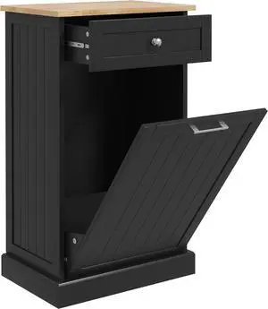 Kitchen Tilt Out Trash Bin Cabinet Free Standing Recycling Cabinet Trash Can Holder with Drawer, Black