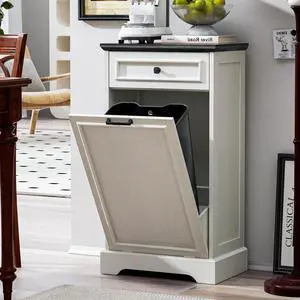 13 Gallons Tilt Out Trash Can Cabinet Hidden Kitchen Waste Bins Free Standing Recycling Trash Cabinets with Drawer Pet Proof Trash Can for Kitchen and Living Room, Antique White and Black