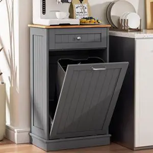 13 Gallons Tilt Out Trash Can Cabinet Hidden Kitchen Waste Bins Freestanding Recycling Trash Cabinet with Hideaway Drawer Pet Proof Trash Can Holder for Kitchen Living Room, Grey