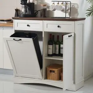 13 Gallons Tilt Out Trash Can Cabinet Freestanding Kitchen Trash Can Hidden Garbage Recycling Cabinet with Hideaway Drawers Pet Proof Trash Can Holder for Kitchen Living Room, Antique White