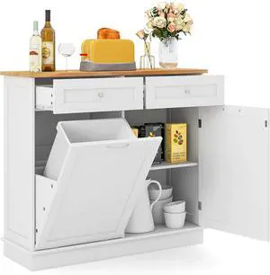 Kitchen Tilt Out Trash Cabinet With 2 Drawers & Adjustable Shelf, Pet Proof With Rubber Wood Tabletop, Ideal for Living Room, Dining Room (White)