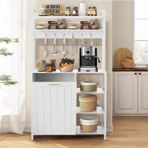 Bakers Racks Kitchen Microwave Stand Cabinet with 10 Gallon Trash Can Bin Cabinet and Power Outlet, 6-Tiers Farmhouse Coffee Bar Table Station with 6 Hooks and Storage Shelf (White)