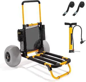 Beach Fishing Cart, Beach Wagon Trolley with 12" Big Balloon Wheels for Sand Foldable Beach Trailer with 23" x 15" Cargo Deck, Fishing Rods Holder, Water Bottle Holder, Mesh Bag, Hand Pump