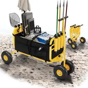 Fishing Cart, Foldable Trolley with 11" Airless Tires, Beach Trailer with Large Cargo Basket, 550 lbs Load Capacity, 8 Fishing Rod Holders, Durable Oxford Bag