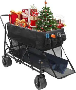 Push Wagon, Double Decker Wagon, Folding Wagon, Wagons Carts Foldable, Collapsible Wagons, 400L Capacity, Foldable, 47'' Extendable, 4" Wide All Terrain Wheels
