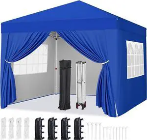 10x10 Pop Up Canopy with 4 Removable Sidewalls, Portable Enclosed Instant Tent, Waterproof Outdoor Tent, Beach Sun Shelter with 4 Sandbags, 12 Stakes & 4 Ropes, Blue