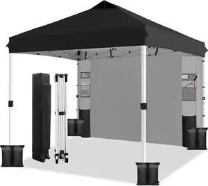 10x10 Pop Up Canopy Tent,One-Button Push Setup,Pop Up Tent with 1 Sidewall and 6 Pockets,Adjustable Height Instant Portable Shelter,4 Weight Bags,Sun Shade for Events & Beach (Black)