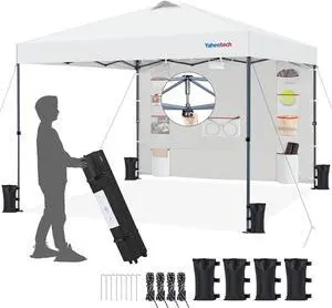 10x10 Pop-up Canopy Tent w/Removable Pockets Sidewall for Extra Storage, Outdoor Sun Shelter Waterproof & Durable w/Wheeled Bag, Sandbags & Guylines for Beach Camping Party (White)