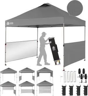 10x10 Pop up Canopy Tent Instant Canopy with 150D Silver Coated Fabric Including 2 Half Sidewalls, 4 Ropes, 8 Stakes, 4 Weight Bags, STO 'N Go Bag, Grid Grey