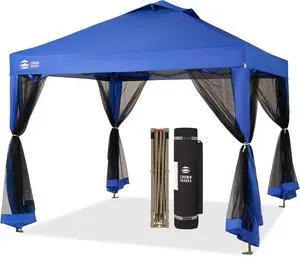 Gazebo 10x10 Pop Up Canopy with Mosquito Netting, Screen Tent with 4 Ropes, 8 Stakes, 4 Sandbags and Wheeled Storage Bag, Canopy for Patio & Backyard, Blue