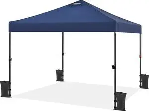 10x10 Pop up Canopy Tent, Commercial 150D Silver Coated Fabric Outdoor Instant Tent w/Wheeled Bag, 4 Sandbags, 8 Stakes & 4 Ropes for Parties, Camping, Beach, Navy Blue