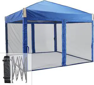 10x10 Ft Pop Up Canopy Tent with Netting, Water-Resistant 210D Oxford Fabric Shade, Easy Assembly Commercial Gazebo with Wheeled Carry Bag & 4 Sand Bags for Camping, Party, Blue
