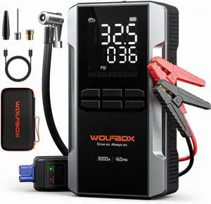 3000A Jump Starter with Air Compressor, 16000mAh&160PSI Portable Car Battery Jump Starter with 65W Fast Charge, 12V Battery Pack (8L Gas 6L Diesel Engine) with Boost, Light and Jumper Cables