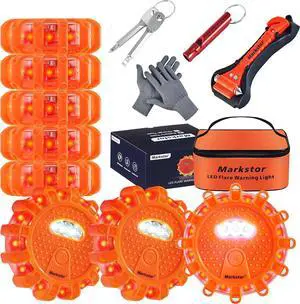 8 Pack LED Road Flares Emergency Lights 9 Flash Amber LED Safety Flares Warning Beacon Light for Vehicle,8 Beacons Disc Pack with A Whistle,Glove,Hammer (No Battery)
